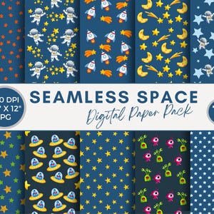 Space Digital Papers, Seamless Space Paper Pack, Astronaut Digital Papers Scrapbook Papers, Astronauts Aliens Planets Rockets Commercial Use