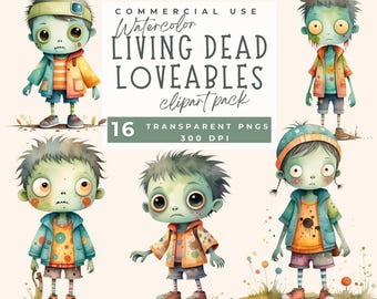 May include: A digital collection of five watercolor illustrations featuring green-skinned zombie characters with large eyes and messy hair, wearing colorful jackets and shirts. The text reads: COMMERCIAL USE Watercolor LIVING DEAD LOVEABLES clipart pack 16 TRANSPARENT PNGS 300 DPI.