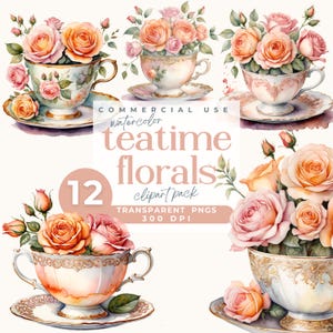 Clipart tazza da tè rosa, Clip art tazza da tè vintage acquerello con rose rosa e arancioni, PNG per l'ora del tè, creazione di biglietti fai da te, album di ritagli, diario spazzatura