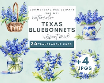 Watercolor Bluebonnet Clipart, Watercolor Bluebonnets Spring Clipart, Texas Bluebonnet  PNG Images, Texas Wildflower Floral Digital Art