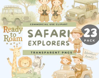 Watercolor Safari Clipart, Jungle Explorer Clipart PNG, Safari Adventure Clip Art, Safari Expedition Jeep and Guide, Safari Party Graphics
