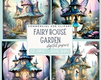 Fairy House Garden Clipart, 12 JPG digital paper Fairy Garden Clipart Watercolor Fairy House Printable PNG Paper Craft Card Making Journal