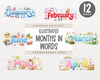 Die Monate des Jahres Aquarell Clipart, Monate in Worten Clip Art, PNG Monat Name, Kalender Monatsüberschriften, Planer Klassenzimmer Dekor