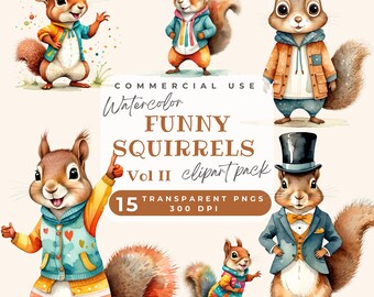 Funny squirrel clipart Vol 2, Quirky Squirrel Clip art PNG, Squirrel in clothes, Printable Watercolor, Papercraft, Junk Journal, Card making