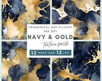 Gold and Navy Texture Clipart, Navy and Gold Clipart Texture Pack, Navy and Gold Alcohol Ink digital papers, gold and navy texture pack