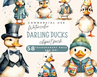 Cute ducks clipart, Watercolor Clipart Set, Cute Duck Clip Art, Animal Clipart, Cute duckling PNG, baby shower, Scrapbooking, Commercial Use
