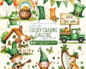 St Patrick's Day Watercolor Clipart, Lucky Charms Galore PNG, Irish Images, Lucky Holiday Graphics, Instant Digital Download, Commercial use