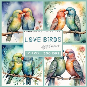 Valentine love birds clipart, watercolor love birds clipart JPG, valentine birds clip art, cute parrots JPG, printable digital illustration