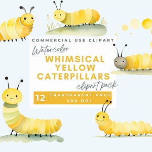 Watercolor Yellow Caterpillar Clipart Spring Bug Insect Clipart Cute Little Bug Clip Art, Rainbow caterpillar PNG Commercial Use