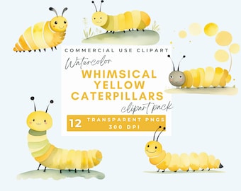 Watercolor Yellow Caterpillar Clipart Spring Bug Insect Clipart Cute Little Bug Clip Art, Rainbow caterpillar PNG Commercial Use