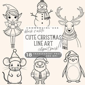 Niedliche Weihnachtslinie Art Clipart, niedliche Fine Art Linie Clipart Weihnachten, Weihnachts Clipart Linie Zeichnung Winter Urlaub Hand gezeichnet PNG Clip Art
