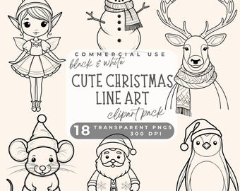 Niedliche Weihnachtslinie Art Clipart, niedliche Fine Art Linie Clipart Weihnachten, Weihnachts Clipart Linie Zeichnung Winter Urlaub Hand gezeichnet PNG Clip Art