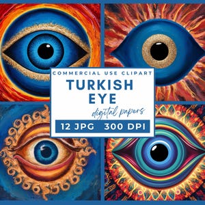 トルコの目デジタルペーパー、邪眼ペーパーパック、トルコの目 JPG、邪眼保護、ナザール目 JPG、青いトルコの目、カード作成、招待状