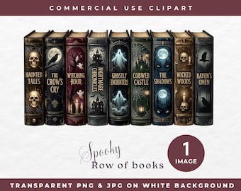 Spooky Row Of Books Clipart, Commercial Use Clipart Bookish, Halloween Books PNG, Gothic Library Clipart