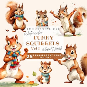 Clipart drôle d'écureuil Vol I, clipart écureuil original PNG, écureuil surpris, aquarelle imprimable, papercraft, journal indésirable, fabrication de cartes