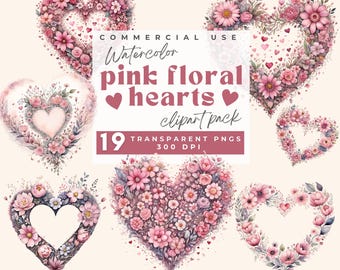 Pink floral heart clipart, Valentines Clipart, Flower Heart Png Watercolor Boho Valentine, Love Heart Baby Shower Invite, Commercial Use PNG