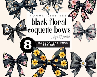 Black Floral Bow Clipart, Coquette Bow PNG Set, Vintage Ribbon Aesthetic, Dark Academia Floral, Gothic Cottagecore, spring flower design