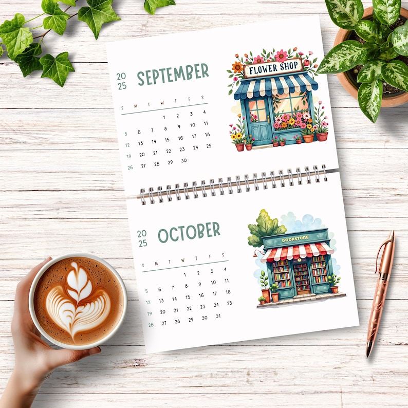 K&ouml;nnte beinhalten: Ein Kalender mit Illustrationen eines Blumenladens und einer Buchhandlung. Der Kalender ist auf September und Oktober ge&ouml;ffnet. Die Illustration des Blumenladens zeigt ein blaues Geb&auml;ude mit einer roten Markise und einem Schild mit der Aufschrift "FLOWER SHOP". Die Illustration der Buchhandlung zeigt ein blaues Geb&auml;ude mit einer roten Markise und einem Schild mit der Aufschrift "BOOKSTORE".