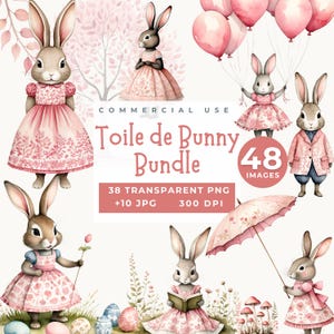 Rosa Toile de Jouy Hase Clipart Bündel, Aquarell Frühling Clipart, Rosa Toile Ostern Clip Art, Toile de Jouy Kaninchen, Vintage Hasen, Ostereier