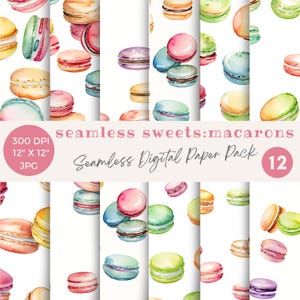 May include: A digital paper pack with 12 seamless patterns featuring watercolor macarons in various colors. The patterns are 12 inches by 12 inches and 300 DPI.