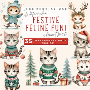 Christmas Kitten Clipart, Holiday Cat Art Image Cute Christmas Cat Festive Animal Illustration Cute holiday kittens festive holiday graphics