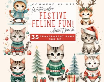 Christmas Kitten Clipart, Holiday Cat Art Image Cute Christmas Cat Festive Animal Illustration Cute holiday kittens festive holiday graphics