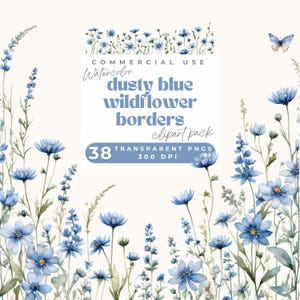 Bordo di fiori selvatici blu polvere PNG, Clipart floreale ad acquerello, Clip art floreale di fiori selvatici, Set di bordi floreali, Clipart di nozze trasparente PNG