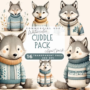 Aquarell süßer Wolf Clipart, wunderliche Wolf Clip Art PNG, Cartoon Wölfe, Kinderzimmer Dekor, süße Tiere PNG, Kinderzimmer Dekor, kommerzielle Nutzung