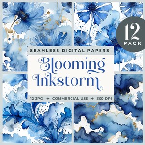 Alcoholinktbloem digitaal papier, alcoholinkt blauw digitaal plakboekpapier, kobaltgouden bloementextuurachtergronden, ongewenste dagboekpagina's JPG