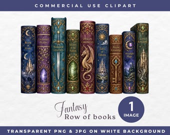 Fantasy Row Of Books Clipart, Commercial Use Clipart Bookish, Magical Book PNG, Dragon Book Art, Fantasy book genre
