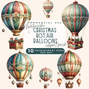 Vintage Christmas Hot Air Balloons Clipart Pack, 10 High-Resolution PNGs with Transparent Background for Cards, Crafts and Holiday Designs