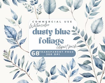 May include: A collection of watercolor dusty blue foliage illustrations featuring various leaf shapes and branches. The central text reads: COMMERCIAL USE Watercolor dusty blue foliage clipart pack 68 TRANSPARENT PNGS 300 DPI. These botanical elements are arranged on a light background.