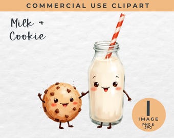 Milk And Cookie Clipart, Cute Kawaii Food PNG JPG, Snack Friends Illustration, Printable Clip Art, Kids Crafting, Sublimation Graphics