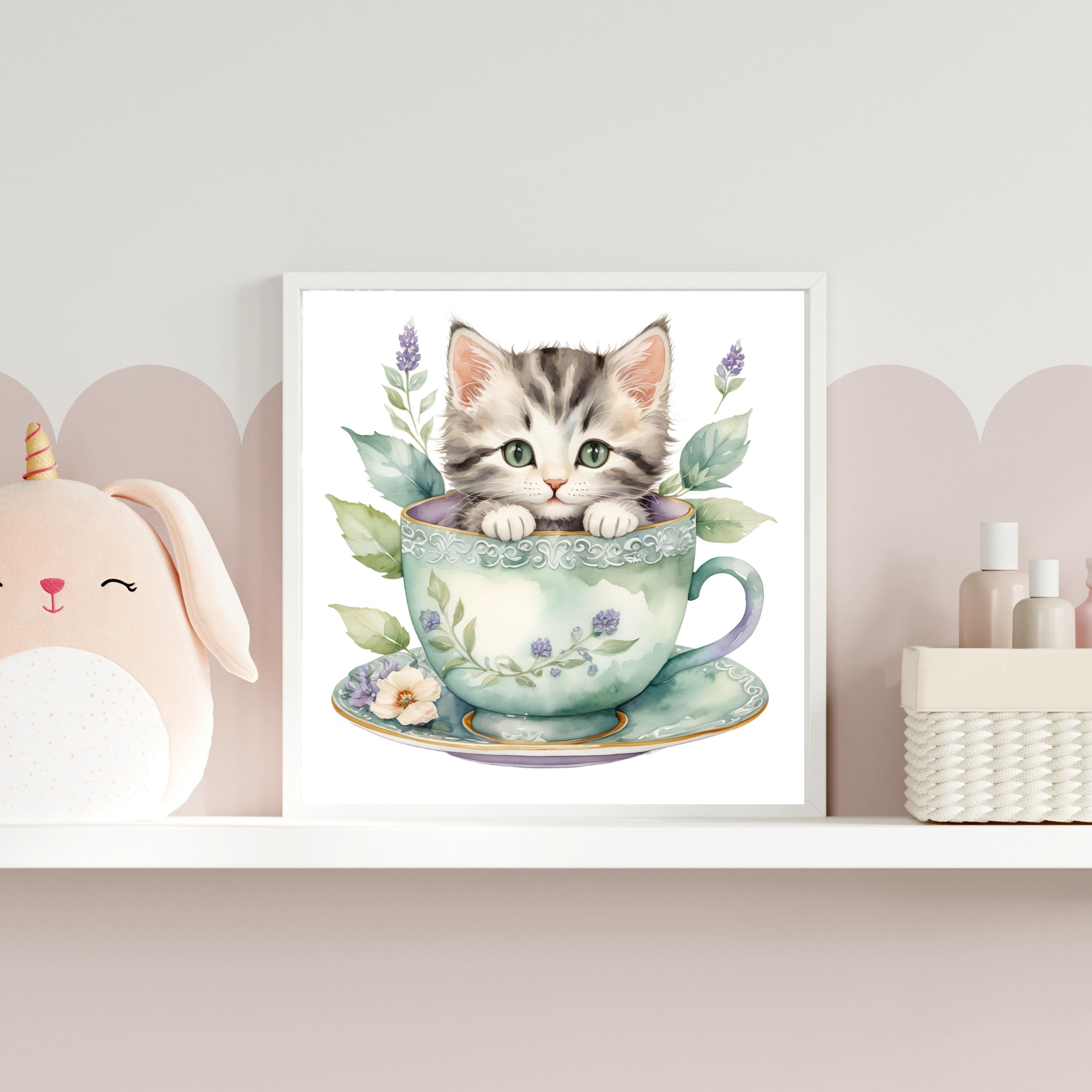 ティーカップに入った子猫のクリップアート PNG、かわいい猫の水彩画