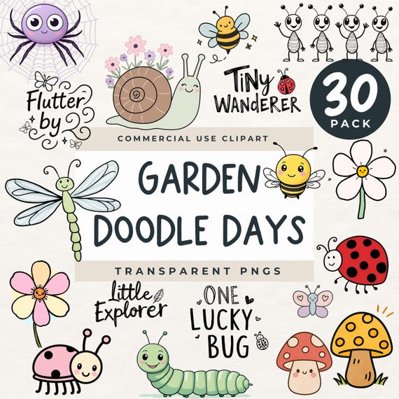 Whimsical Doodle Line Art, Spring Flower Doodle Clip Art, Spring Doodles Clipart PNG, Cute Clipart Doodle,  Kawaii Garden Bugs and Sayings
