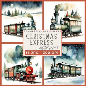Watercolor Christmas Train Clipart, Vintage Christmas train, Holiday Express, Polar express train, Printable Clip art, High Quality Jpgs