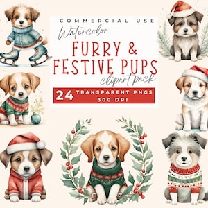 Cute Christmas Dog Clipart, Xmas cute puppies PNG Festive Graphics Card Making Designs Xmas Pet Dogs Fun Animal Designs Seasonal Holiday Art