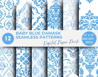 Digital Paper Baby Blue Damask Seamless Pattern Baby blue digital paper scrapbook paper printable blue paper pale blue damask Commercial use