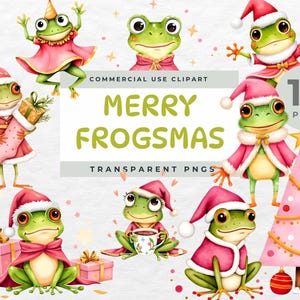May include: A set of 14 watercolour illustrations of green frogs in Christmas outfits. The frogs wear Santa hats and pink attire, some holding gifts. The image includes the text "MERRY FROGSMAS" and "TRANSPARENT PNGS".