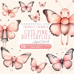 Twinkle Twinkle pink Schmetterling Clipart, Clip Art Pink Aquarell Schmetterling, Baby Shower Clipart Geburtstag Einladung Papier Handwerk Junk Journal