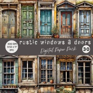 Papeles digitales puertas y ventanas JPG, Papeles digitales puertas y ventanas rústicas, 30 papeles 8,5x11", Fondos imprimibles, páginas de diario basura