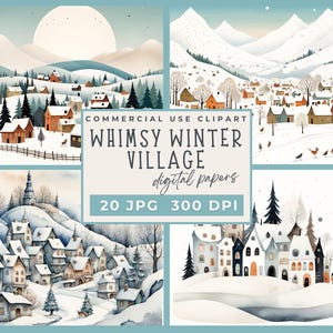 Papier numérique Village d'hiver, pages de scrapbooking paysage de neige, pages de journal nature, feuilles de collage de pages en papier imprimable téléchargement numérique JPG