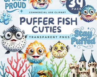 Puffer Fish Clipart, Cute Ocean Animal PNGs, Funny Fish Illustrations, Sea Life Graphics, Underwater Creatures Art, Beach Theme Crafting
