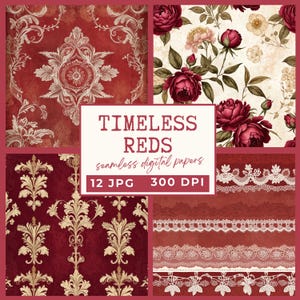 Papiers numériques vintage rouges et rétro, élégance victorienne, motifs floraux et damassés Boho, textures anciennes, journal indésirable, création de scrapbooking
