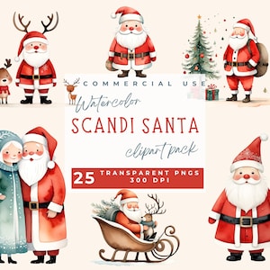 Scandi Santa Clipart, Cute Santa Clipart, Christmas clip art Watercolor Holiday PNG Cute Christmas characters minimal tree reindeer presents