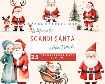 Imágenes prediseñadas de Papá Noel escandinavo, imágenes prediseñadas de Papá Noel lindas, imágenes prediseñadas navideñas PNG de acuarela, lindos personajes navideños, árbol minimalista, renos, regalos