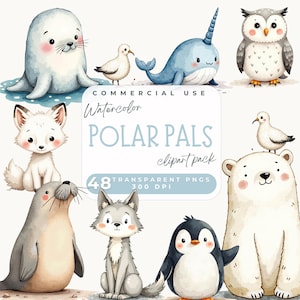 Imágenes prediseñadas de animales árticos en acuarela, imágenes prediseñadas de animales polares, lindos animales árticos PNG, pingüinos, oso polar, imágenes prediseñadas, baby shower en el país de las maravillas invernal