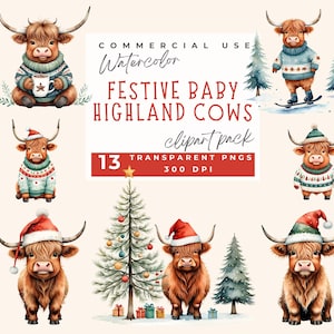 Baby Hochlandkuh Aquarell Clipart, Weihnachten Hochlandkuh Clipart Hochlandkuh mit Hut png, lustiger Hochlandkuhanhänger Baby Hochlandkühe