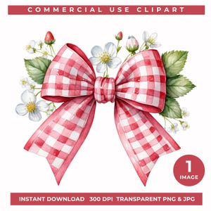 Aquarelle fraise noeud clipart, noeud Vichy rouge avec des fleurs, art du ruban Cottagecore, pique-nique noeud PNG, noeud floral fraise, noeud coquette