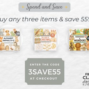 Op de afbeelding: Advertentie voor digitale producten, met drie voorbeelden: "Alphabet Animals A-Z", "The 12 Days of Christmas" en "Wanderers & Wonders". De tekst promoot een uitverkoop: "Koop drie items en bespaar 55%" met de code "3SAVE55" bij het afrekenen.